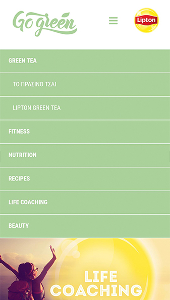 Lipton Go Green, a fully compatible mobile version. Menu.
